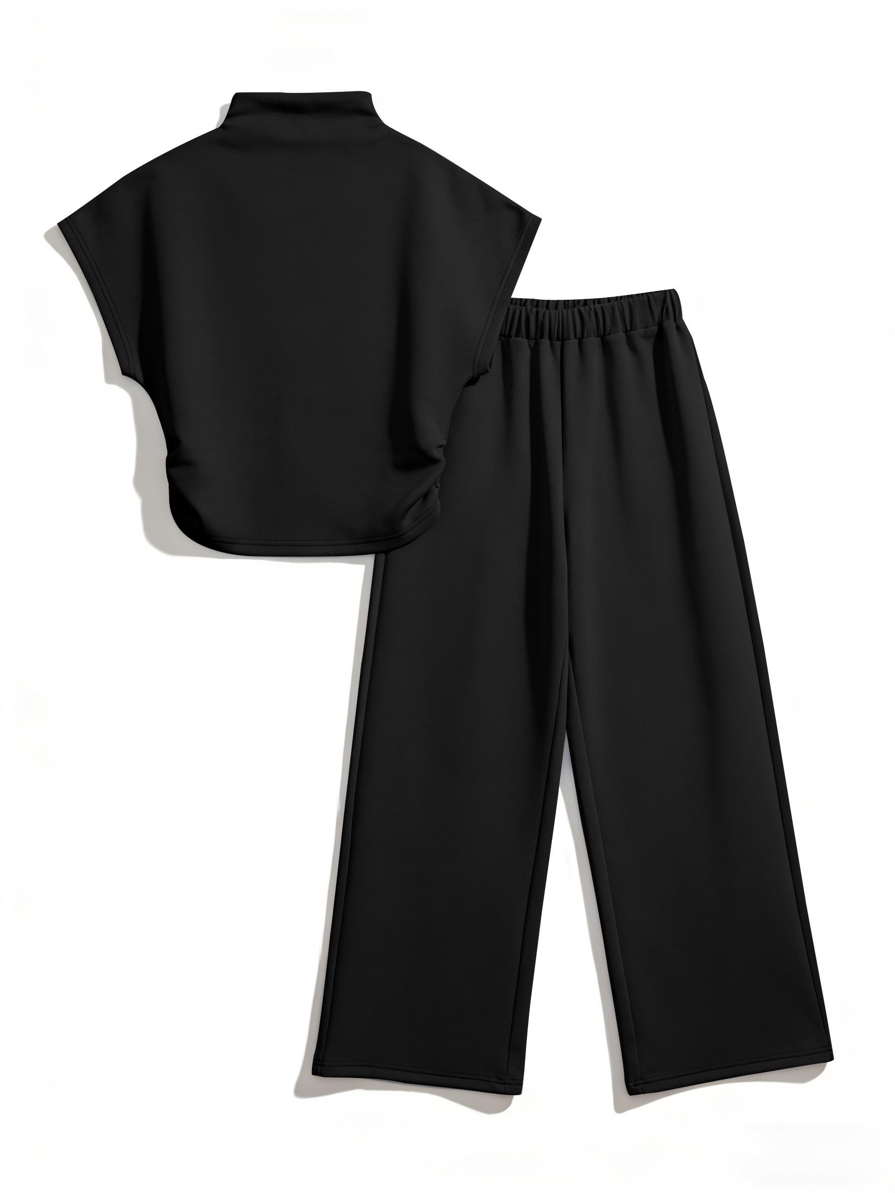 USBoutique Chic [Upgraded fabric] Women Summer Lightweight And Silky Soft Set Two Piece Casual Set Short Sleeved Semi High Neck Loose Top Wide Leg Pants Set