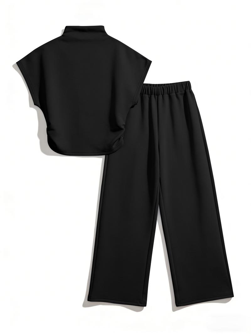 USBoutique Chic [Upgraded fabric] Women Summer Lightweight And Silky Soft Set Two Piece Casual Set Short Sleeved Semi High Neck Loose Top Wide Leg Pants Set