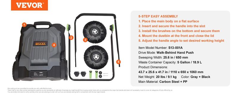 VEVOR Walk-behind Hand Push Floor Sweeper,  Various specifications, Sweeping Width Floor Sweeper Manual Non-Electric, Angle & Height Adjustable Folding Handle for Walkway, Yard, Garage, Patio