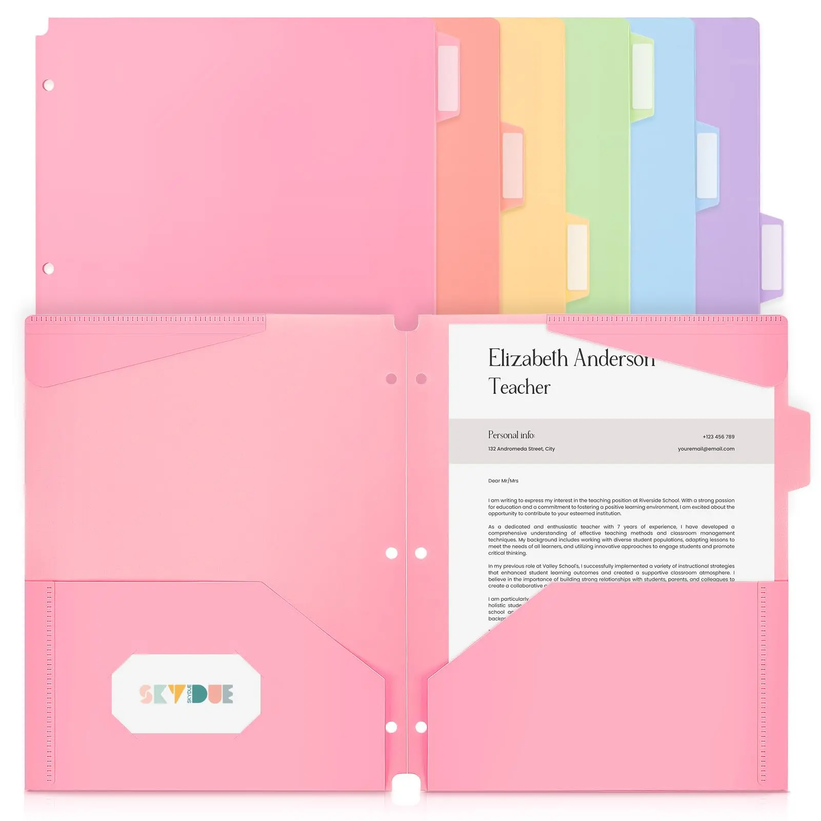 SKYDUE 6-Pack 3-Hole Plastic Filing Folders with Pockets, Tab Labels, Waterproof Letter Size Folio Document Organizer, Desk Folder Organizer for Important Papers, College Supplies, Stuff for School, Folder Organizer For Desk, School Supplies