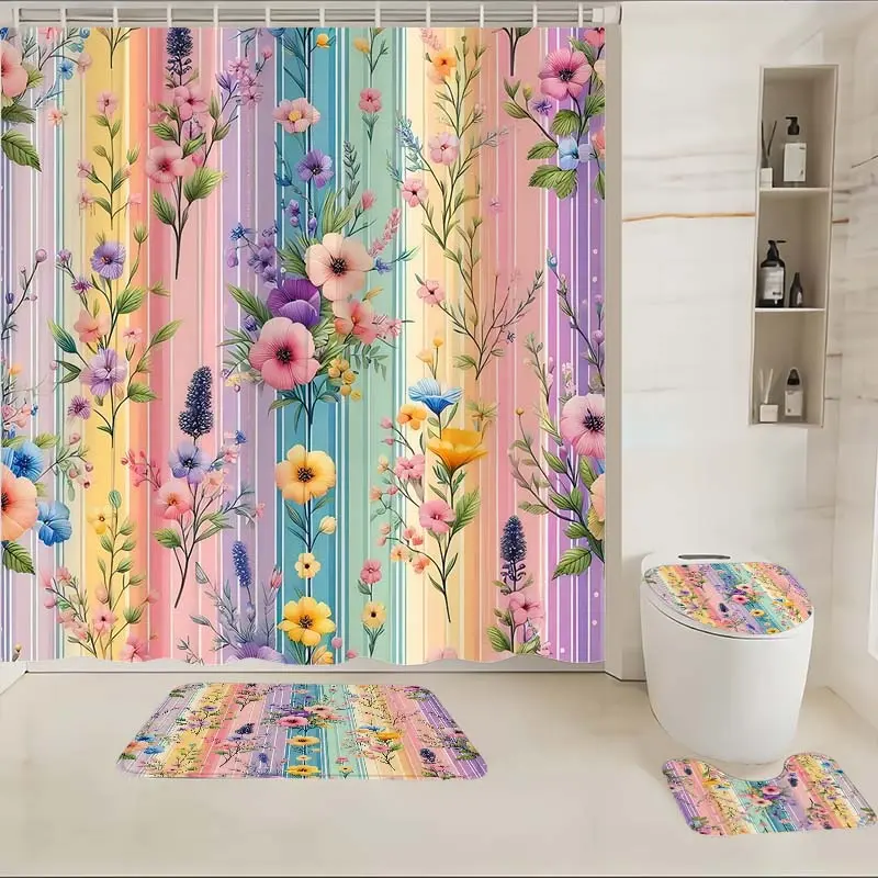 4 piece Colorful Wildflower Rainbow Stripe Floral patterned shower curtain, The 4-piece set includes a single shower curtain, anti slip floor mat, toilet U-shaped mat, toilet lid mat, with shower curtain hook, and belongs to bathroom decoration products