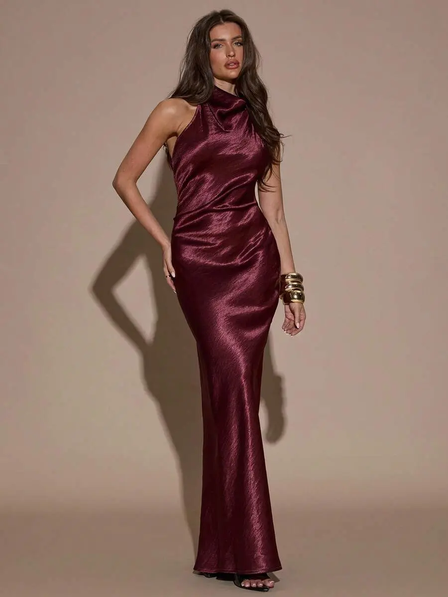 Velora Muse Autumn/Winter Women's Christmas Wine Red Satin , Elegant And  Sexy Extra-Long Fishtail Dress,