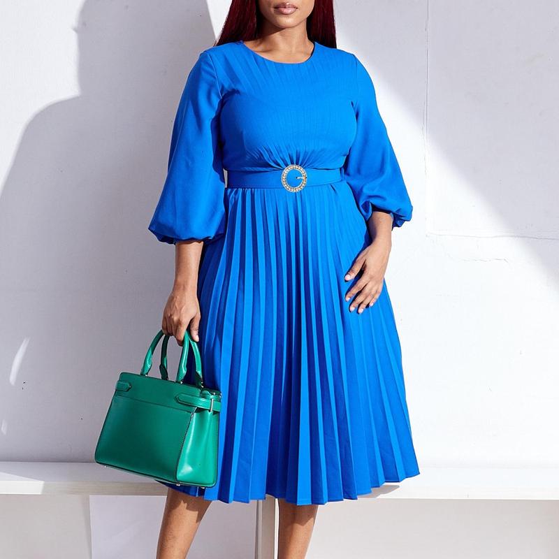 Women’s Pleated Midi Dress with 3/4 Puff Sleeves, Round Neck and Ring-Buckle Belted Waist, A-Line Silhouette with Back Keyhole — Elegant Choice for Work, Church & Wedding Guests