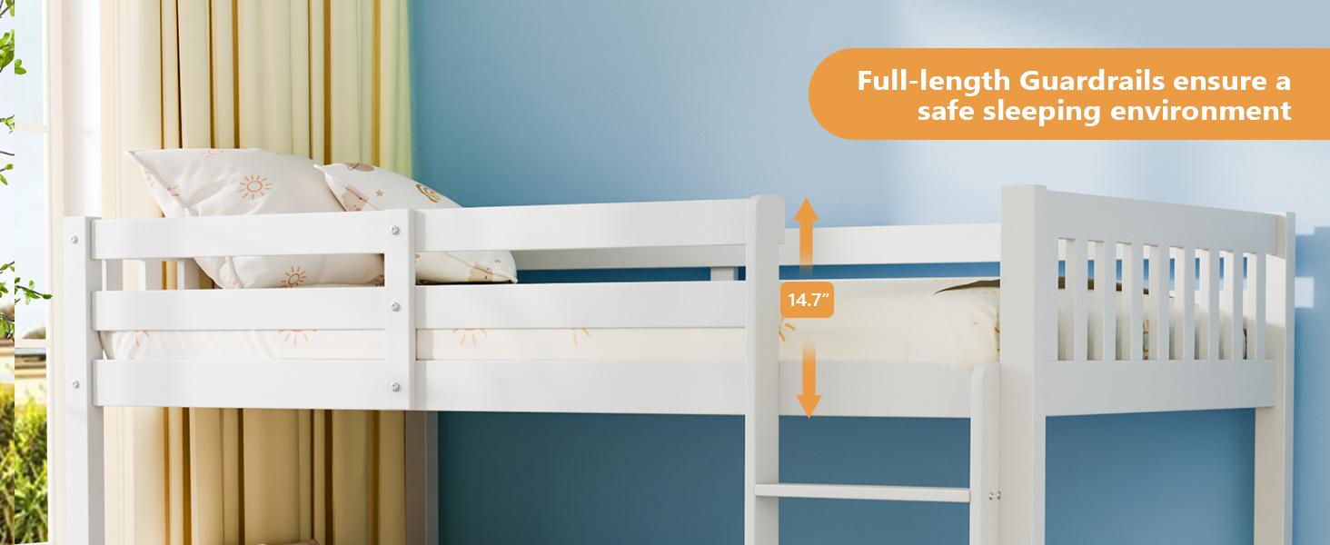 JOYMOR Twin Loft Bed Low Loft Bed Frame for Little Kids Small Room/Low Ceiling Bedrrom with Guardrail and Ladder, White