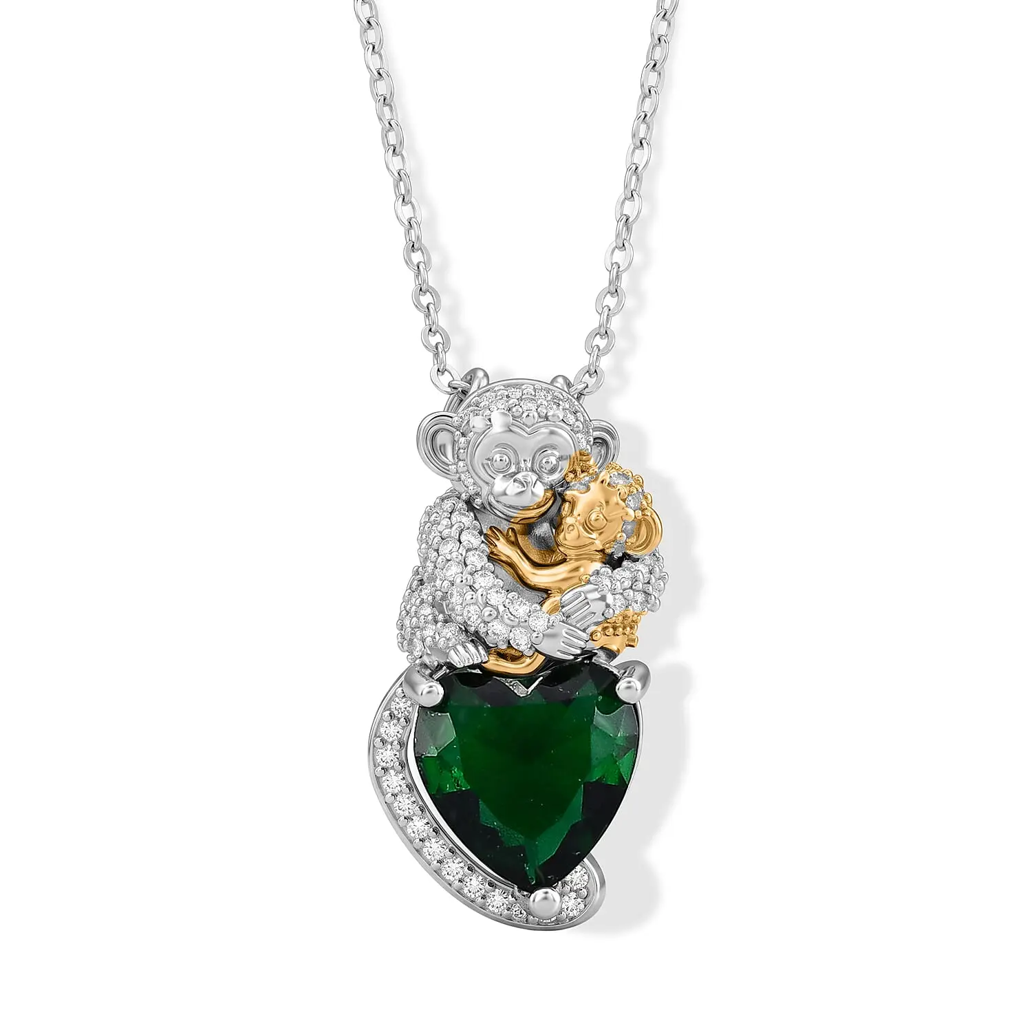 Green Glass and Simulated Diamond 0.50 ctw Monkey with Baby Love Necklace in Dualtone 20-22 Inches