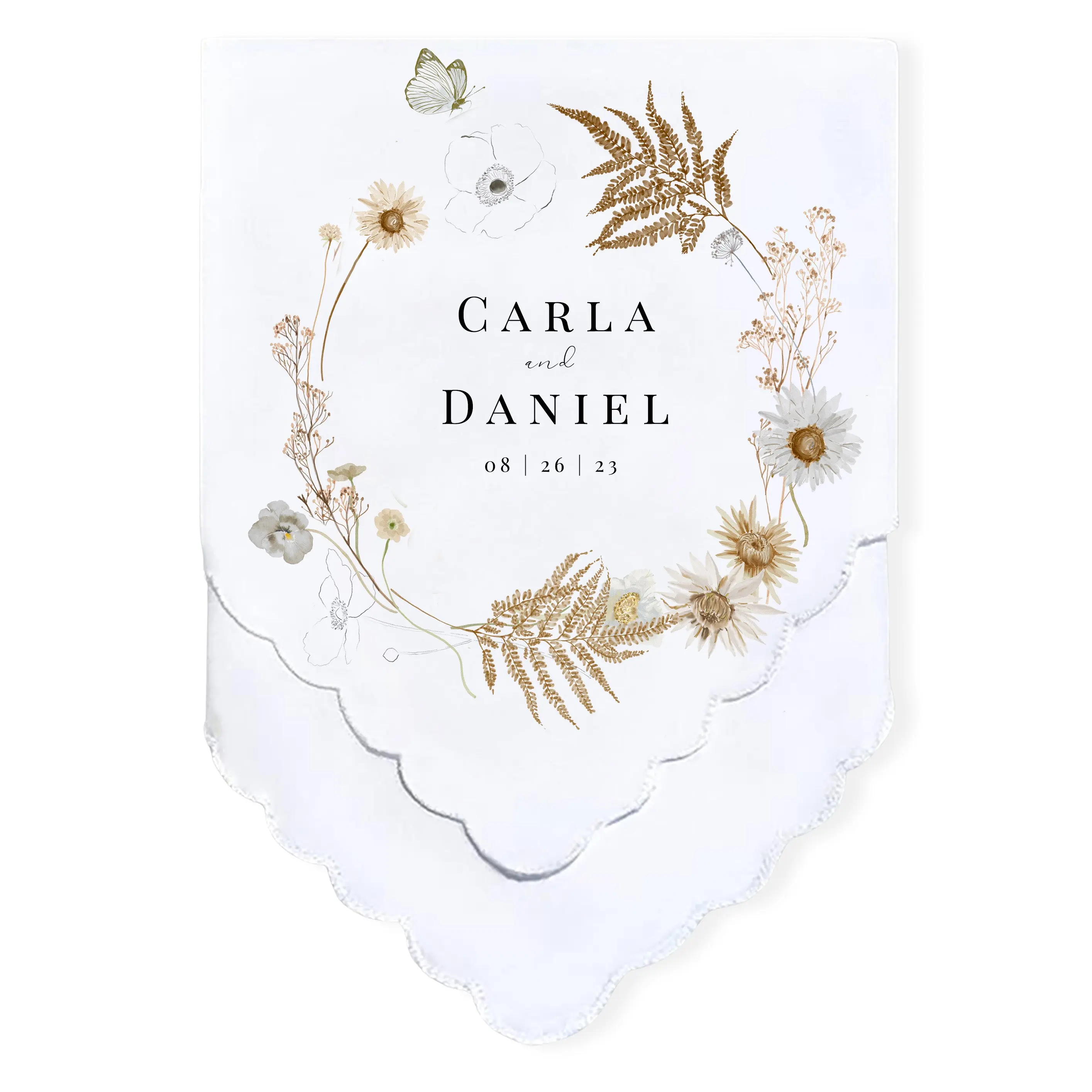 Personalized Wedding Handkerchief - Wildflowers Wreath Design, Mother of the Bride Gift, Summer Floral Keepsake, Wedding Favor for Mom