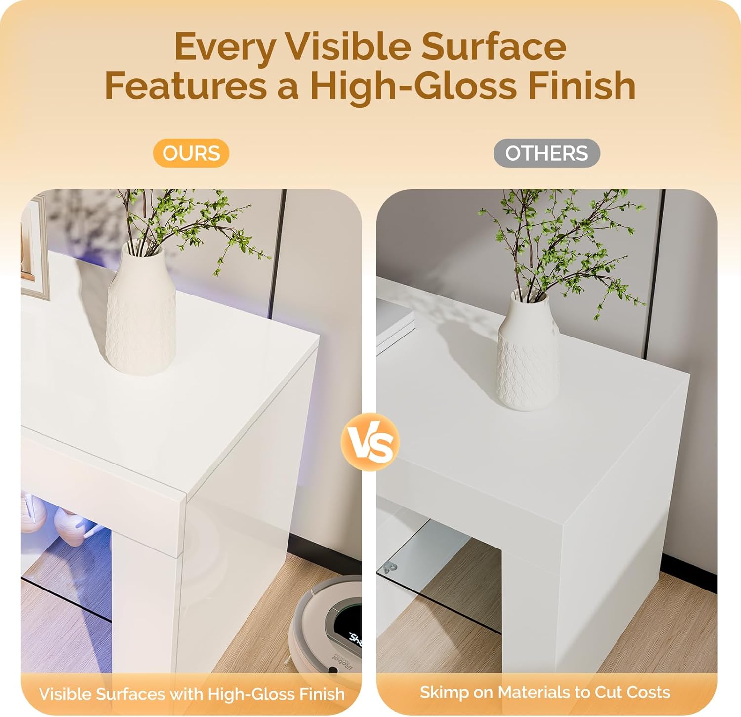 63'' LED TV Stand High Glossy Modern Entertainment Center with LED Lights and Storage for 55/60/65/70 Inch TV White Finish