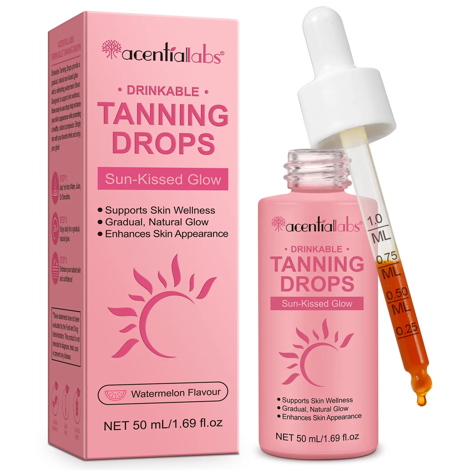 Acentiallabs Natural Drinkable Tanning Drops - Gradual Glow Sunless Self Tan Body Care, with Beta-Carotene, Vitamins A,E,B6,B12, Watermelon Flavor, 50ml, Brightening, Alcohol-Free, 24-Month Shelf Life, All Skin Types, No Harmful Additives tiktokshopbackto