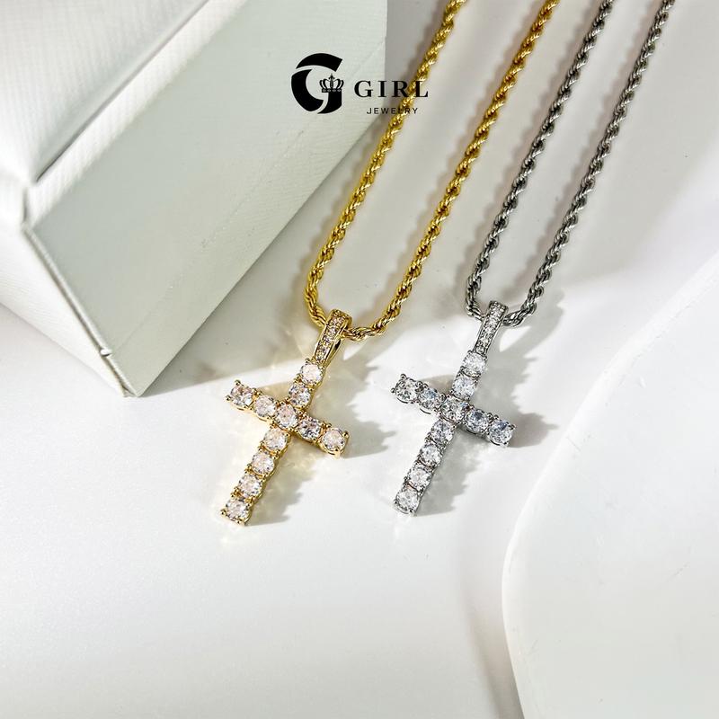 GGIRL Artificial Zirconium 18K Gold Plated Cross Pendant Necklace for Men Women Hip Hop Jewelry Stainless Steel 3/5mm Chain Fashion Jewelry Gift for Holiday Haul Christmas Birthdays Anniversaries