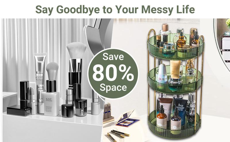 360° Rotating Makeup Organizer 3 Tiers Green/White/Gold Vanity Shelf with 12-Slot Lipstick Holder Collapsible Stackable Storage Boxes for Makeup Perfume Skincare - Room 3Tiers-Gold  3Tiers-White bathroom organizer