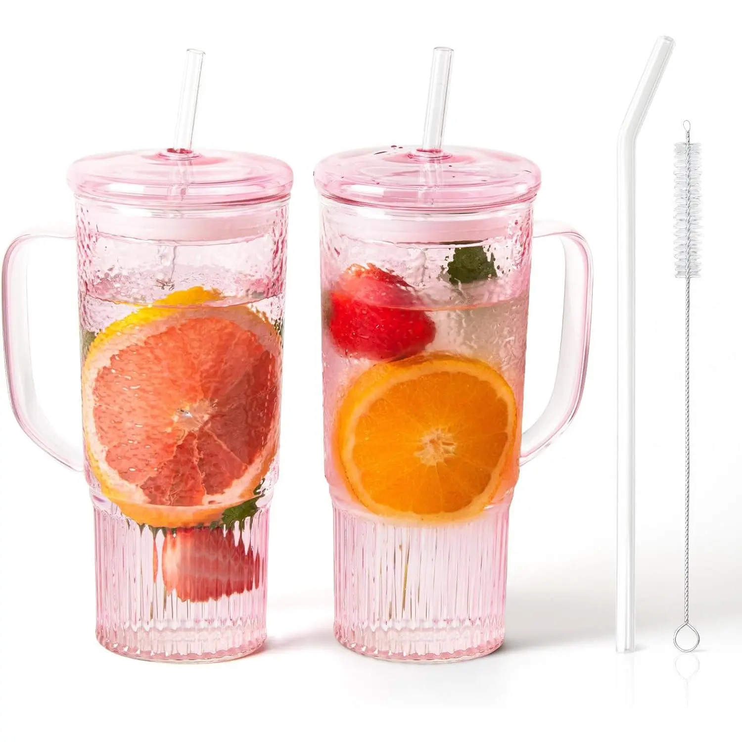 Glass Cups with Lids and Straws,24oz Glass Tumbler with Handle Iced Coffee Cup for Coffee,Juice,Tea,Milk,Smoothie,Hot & Cold Drinks (Pink)