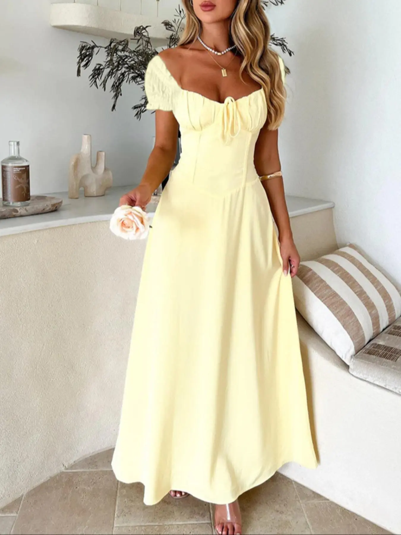 Women's Plain Lace-Up Puff Sleeve A-Line Dress, Formal Dress Hides Tummy, Sweetheart Neck Short Sleeve Long Dress for Party Holiday Wedding Guest, Statement Sleeve Wedding Dresses, Summer Wedding Guest Dresses