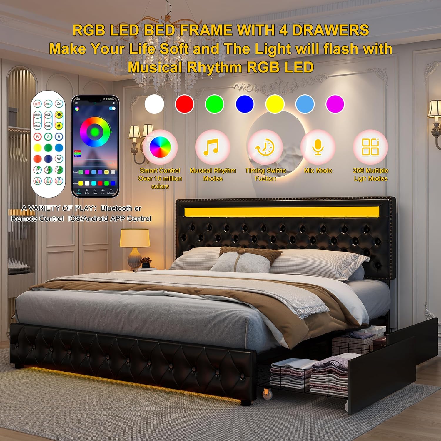GEGOFORU Queen LED Storage Bed Frame with 4 Drawers, Smart RGBW LED Headboard & Footboard Lights, Noise-Free Platform Bed, No Box Spring Needed, White