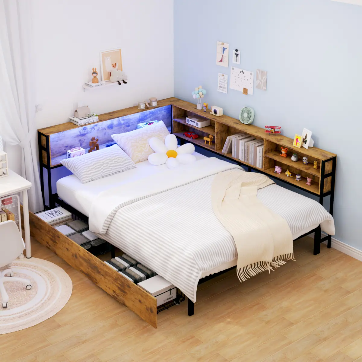 Full Corner Daybed with Storage, Bookcase Headboard, LED Light, Built-in Charging Station, Stable Durable Bed Frame for Dorm Rooms & Teens