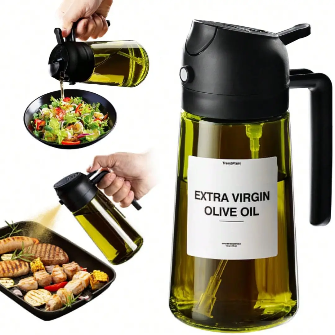 16Oz Glass Olive Oil Sprayer for Cooking with Stickers 2 In 1 Oil Dispenser Bottle Premium Oil Mister with Portion Control for Air Fryer BBQ Salad Baking Grilling Roasting Kitchen Essential Gadgets