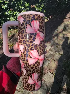 Cheetah Print & Bows 40 oz Tumbler No Spill Lid Flip Top Straw