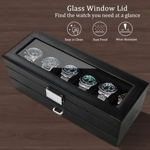 Luxury Gift Jewelry Box - Multifunctional Rectangular Glass Lid Organizer with 6 Pillowlined Slots to Organize Watches, Sunglasses Slot, 2-Layer Storage for Rings/Bracelets, Soft Cushions Guard Watch Faces, Black Dresser Organizer