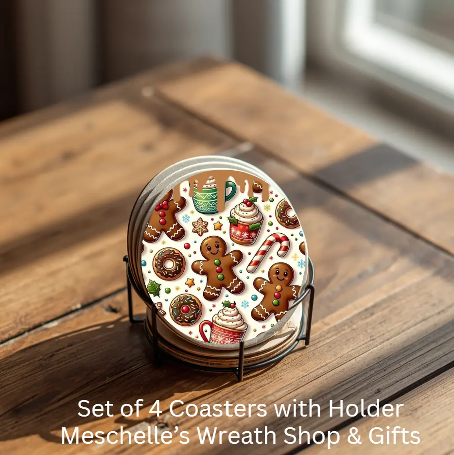 Ceramic Christmas House Round Coffee Coasters Set of 4 with Metal Holder, Kitchen Tableware Accessory