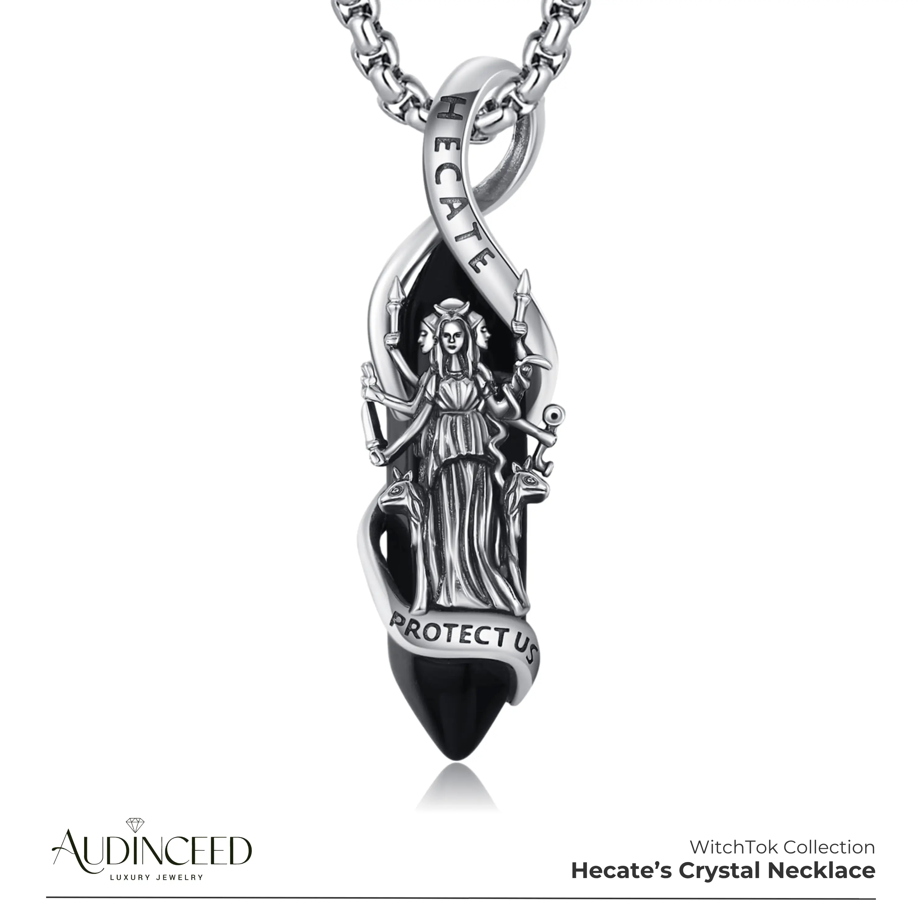 Audinceed Hecate Obsidian Crystal Necklace - S925 Sterling Silver Wiccan Jewelry with Adjustable Chain, Black Healing Crystal, Empowering Symbolism, Protective Amulet for Women (Blessed Pendant Gift), Witchy Stuff