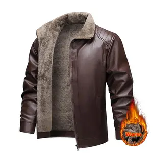 Men's Winter Leather Jacket Fleece Lined Warm Leather Coat with Lapel Collar for Daily Casual and Commuter Wear Long Style