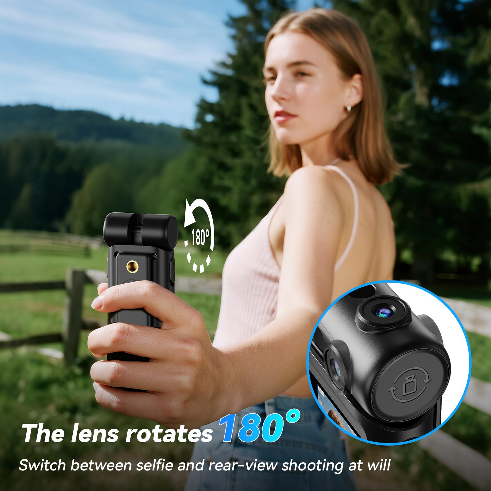 Action Camera with 180° Rotating Lens, Supports up to 512G TF card，1080P FHD Video Camcorder, Handheld Camera for Outdoor Sports, 1000mAh Long Battery