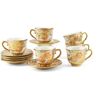 Tea Cups and Saucers Set of 6, Porcelain Vintage Floral Tea Set for Espresso, Coffee, Mocha, Cappuccino, Women Birthday Afternoon Tea Party