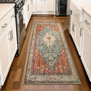 Boho Tribal 2x4Washable Rug Runners for Hallways Non Slip, Kitchen Bathroom Entryway Carpet Runner, Bohemian Faux Wool Low-Pile Throw Doormat for Laundry Entrance (Rust/Dull Teal,2x4ft)