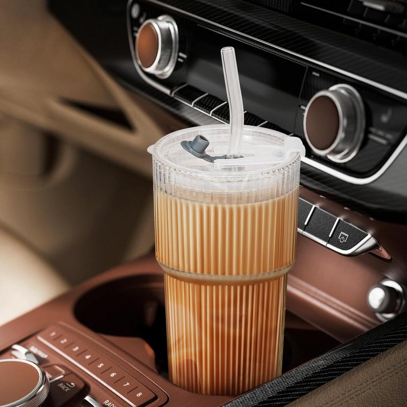 16 oz Ribbed Glass Tumblers with Lids and Glass Straws 1-Piece Glassware Set Thickened Wall Ideal for Iced Coffee Smoothies Cocktails and Juices Elegant and Durable Drinkware