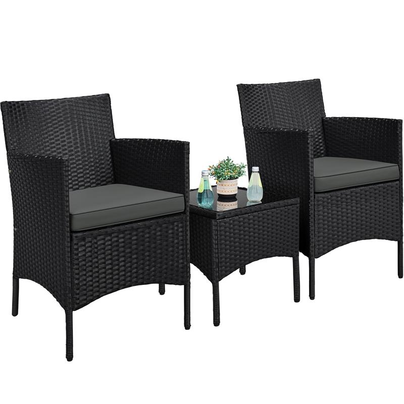 Costoffs 3-Piece Rattan Furniture Set, Outdoor Wicker Patio Conversation Furniture Set, 2-Piece Woven Rattan Chairs with Cushions & 1 Side Table for Bistro/Porch/Garden/Deck/Courtyard