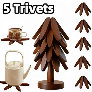 Natural Tree Trivet Set - 5 Wooden Trivets & 1 Stand - Heat Resistant Foldable Design - Durable & High - Tree Shape Trivets for Hot Dishes - Multi-functional Use - Special Texture - Interesting Gift for Christmas