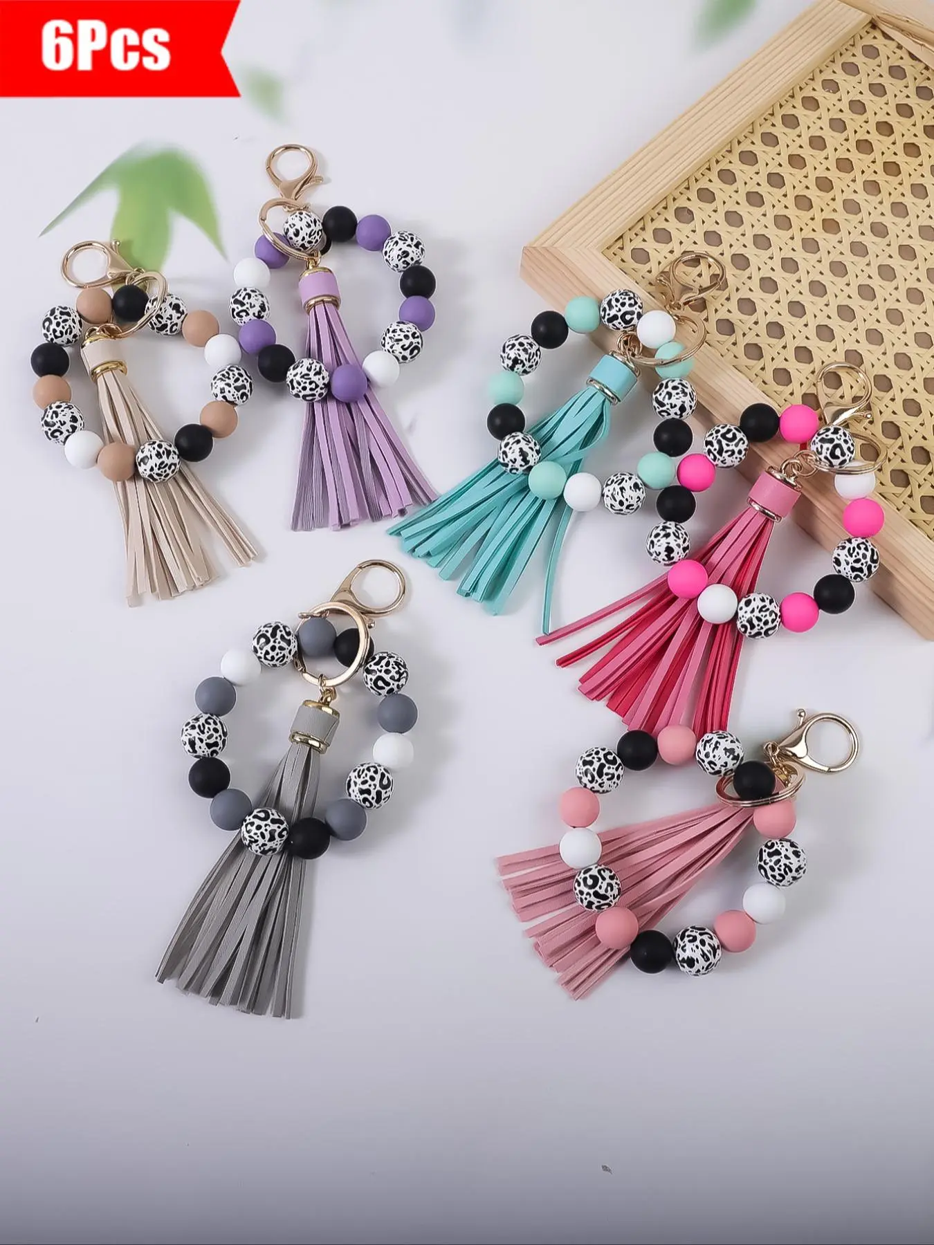 6-Piece Colorful Leopard Print Silicone Bead Wrist Keychain Set, Beaded Tassel Keychain, Tassel Hanging Keyring Ideal as Gifts for Friends and Holidays, Keychain Wristlet Strap
