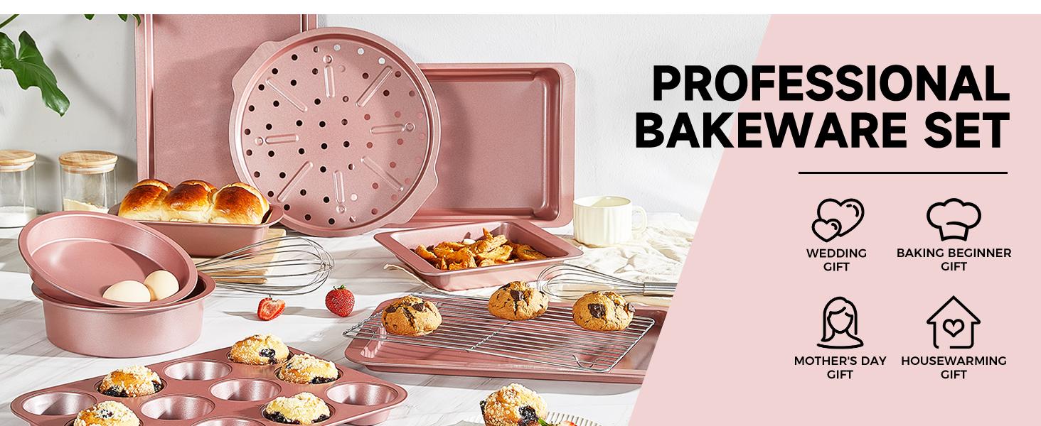 [BF&CM]HONGBAKE 10pc Bakeware Sets, Teflon-free Cookware Set, Non-Stick, Baking Pan Set, Cookie Sheets, Girly Kitchenware,Baker, Pink Kitchen Stuff Modern Cake