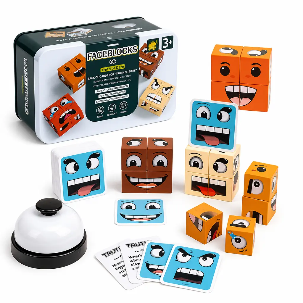 Face-Changing Cube - Building Blocks With Truth & Dare Card Wooden Expressions Matching Block Board Games for Family Night Puzzle Games