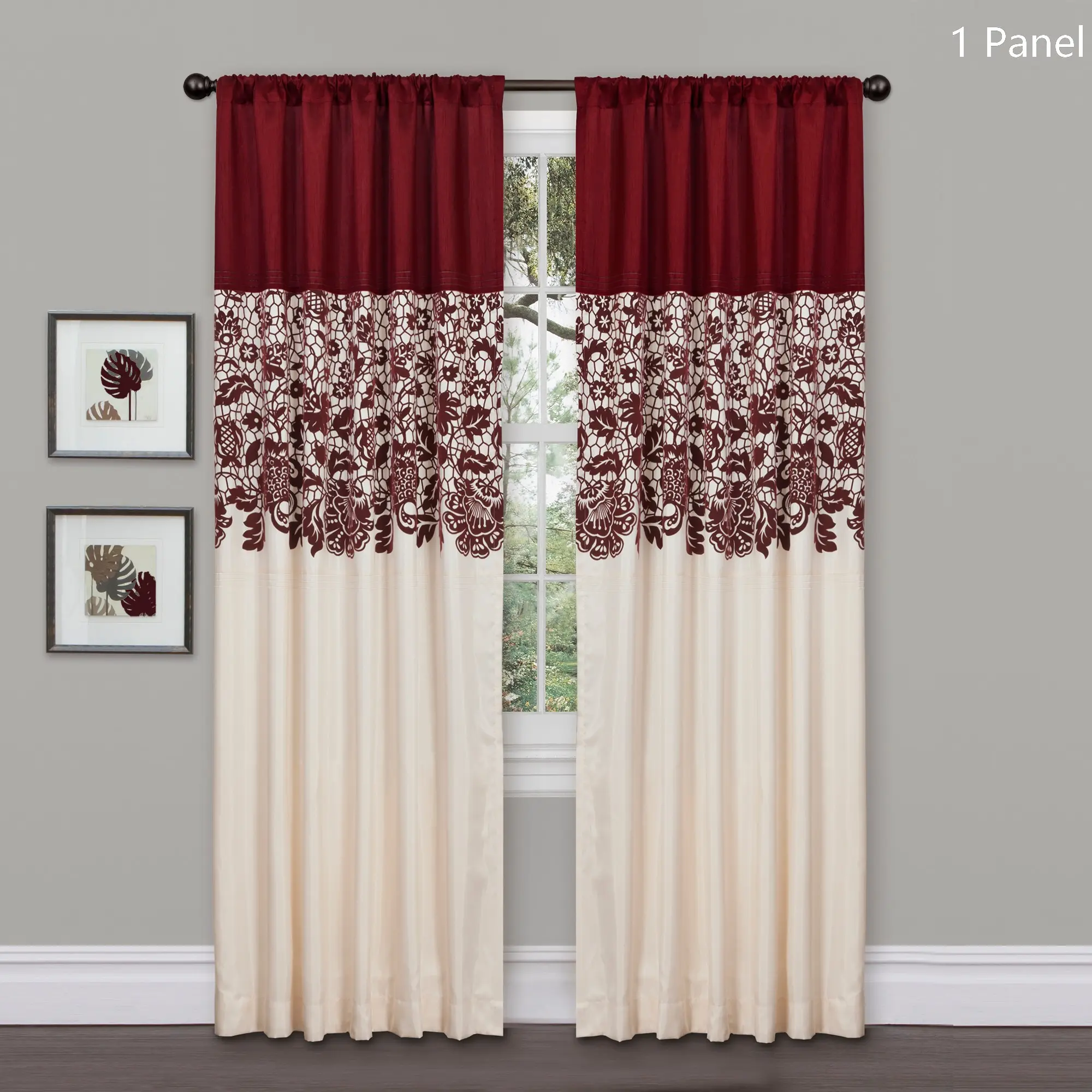 Lush Decor Estate Garden Light Filtering Window Curtain (Single Panel) - Sold Individually - 54"W x 95"L Red - Red Curtains for Living Room - Lace Curtains for Bedroom
