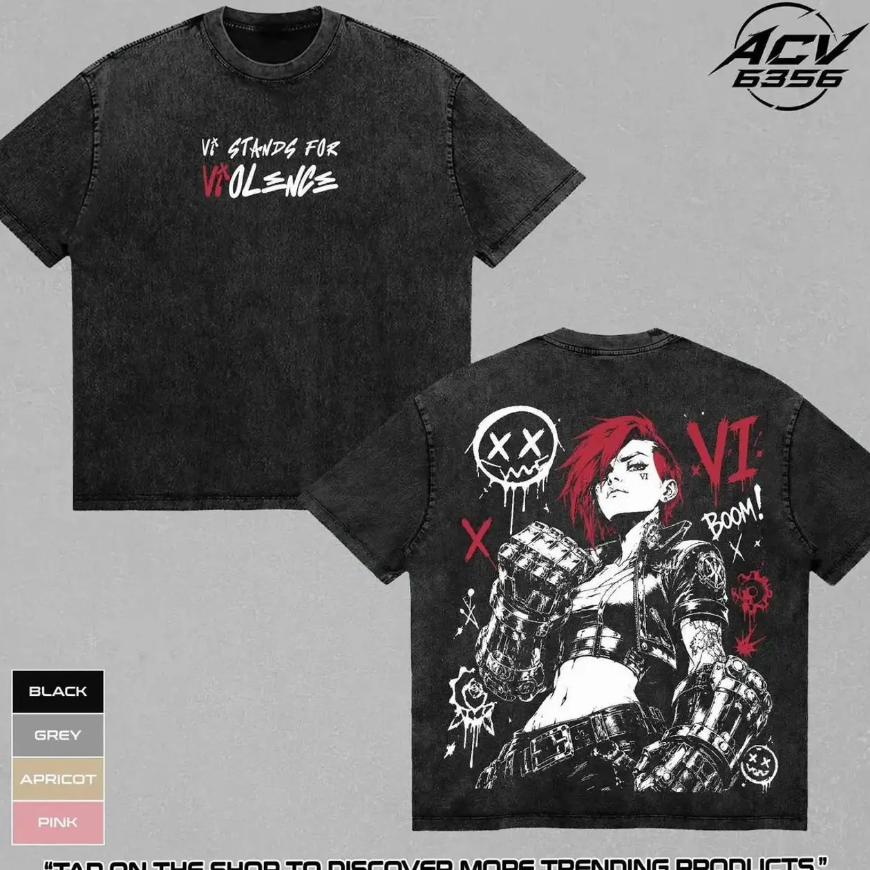 Arcane Vi Washed Shirt, Cagefighter Street Punk Wash T-shirt, League Of Legend Graphic Tee, Retro Vintage Arcane Movie Trending Tee, Gift For Fans, LoL Tshirt, Apparel Fan Merch Merchandise T shirt Top Outfit 9ZA