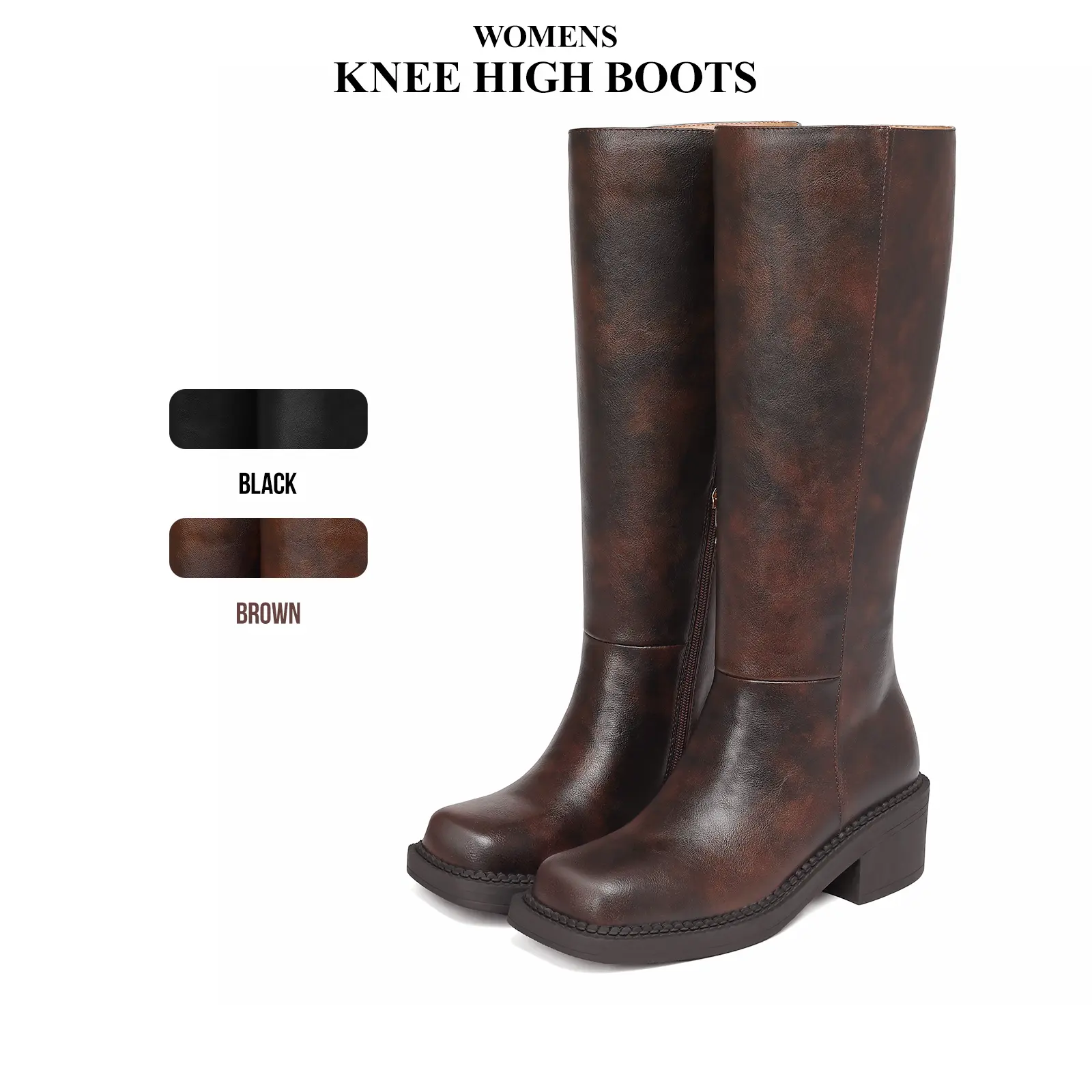 CYNLLIO Womens Knee High Boots Square Toe Chunky Block Heels Pull On Side Zipper Wide Calf Comfy Fashionable Outing Walking Riding Shoes Campus Boots