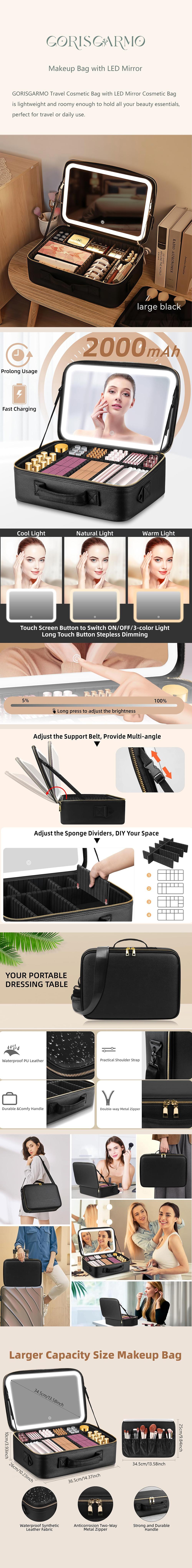 GORISGARMO Travel Makeup Bag with LED mirror Cosmetic Bag Adjustable Dividers, Makeup Organizer Bag with Lighted Mirror 3 Color Scenarios Adjustable Brightness,Waterproof, Professional Cosmetic Artist Organizer.Perfect Christmas Gift For Friend & Family.