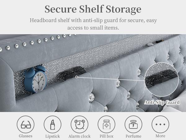 Sibeds Queen LED Bed Frame with 2 Storage Drawers, Adjustable Crystal Tufted Headboard, No Box Spring Needed, Upholstered in PU Leather or Velvet, Black/White/Beige/Gray