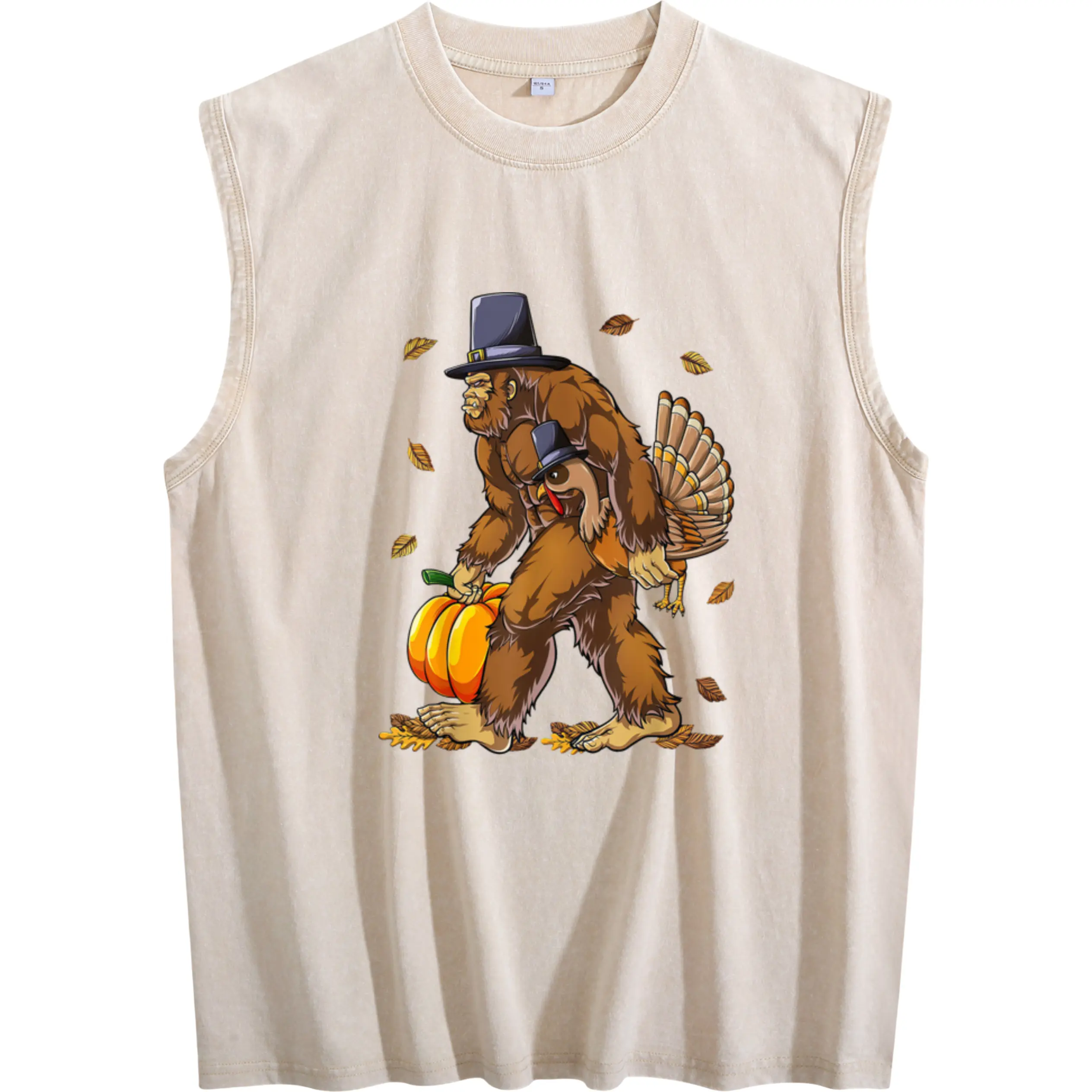 Men's Washed Sleeveless Vest Featuring Bigfoot, Pilgrim, Turkey, and Pumpkin Design for Thanksgiving Day