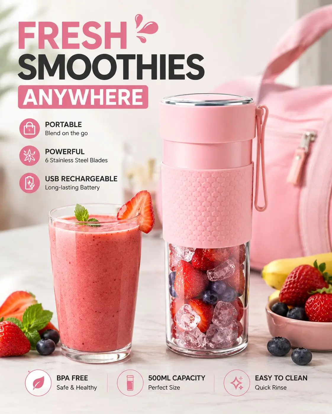 Portable USB Rechargeable Personal Blender, Mini Smoothie Maker for Protein Shakes, Fresh Juice, Milkshakes & Travel