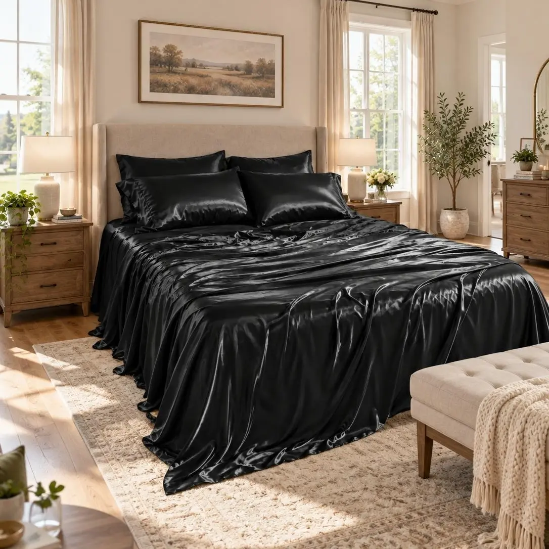 6PC Hotel Quality Bedding Set - Luxury Satin Bed Sheets, Classic Waffle Weave Comforter, 2 Extra Shams, High-Quality Fabric, Solid Color, Elegant Design for Bedroom Decor