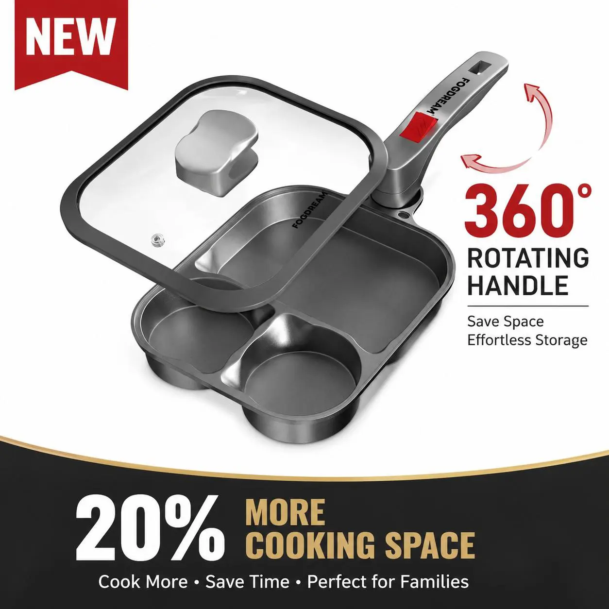 Fogdream 360° Twist Handle Non-Stick Hybrid Divided Frying Pan, Thermal, 3-Section Deep Oblong, Large Capacity, Quick Cooking, Glass Lid, Titanium Base, Space-Saving, Dishwasher-Safe, Anti-Adhesive Cookware for Steak, Family-Friendly