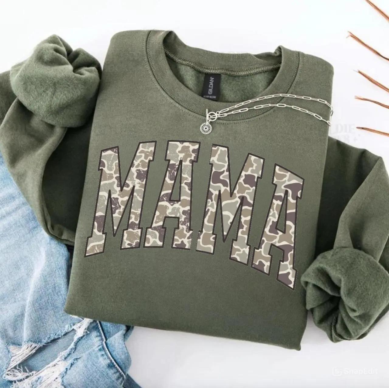 Camouflage Mama Sweatshirt, Camo Mama Shirt, Mother’s Day Gift, Hunting Mama T-Shirt Casual Tee for Men & Women Made in USA Menswear