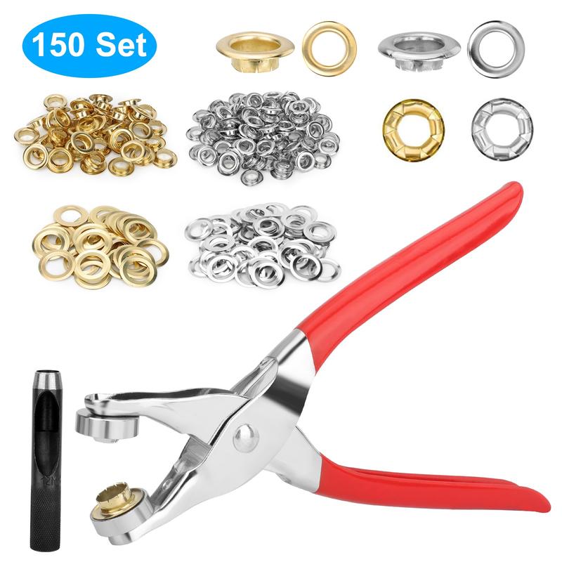 150Pcs Grommet Tool Kit w/ Eyelet Pliers - 1/2 inch Eyelets w/Leather Hole Punch,Eyelet Grommet Hand Press kit for Leather Belt Shoes Crafting repair