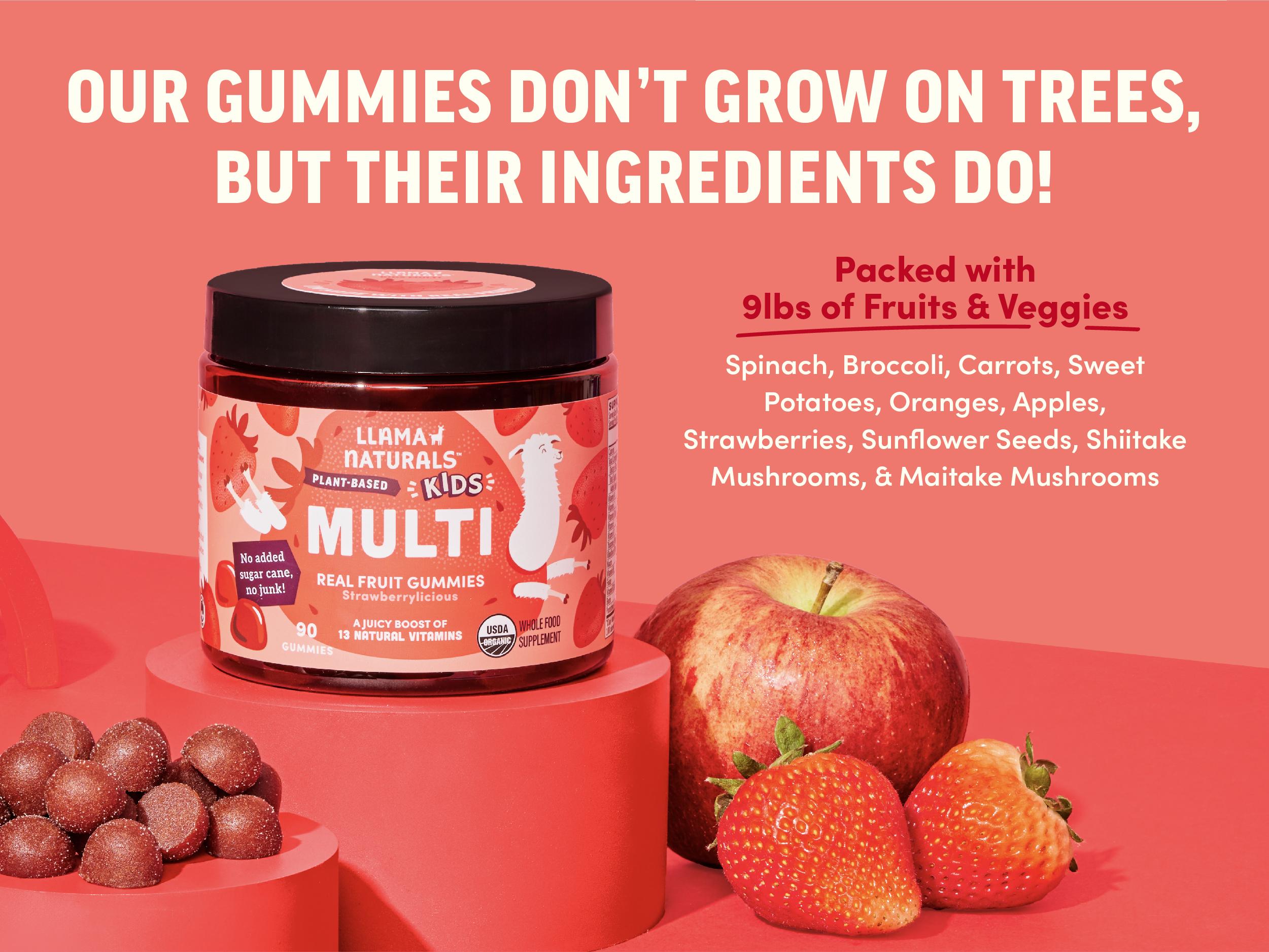 Llama Naturals Kids Multivitamin Gummies - Real Fruit Gummy Vitamins, No Added Sugar Cane - 13 Whole Food Vitamins - USDA Organic, Vegan Chewable Vitamins - Strawberry