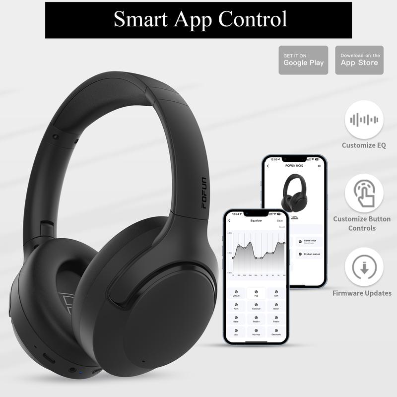 FoFun Multifunctional NC50 Hybrid ANC Wireless Headphones, Built-in Mic, Low Latency,Be aware of safety mode,Custom EQ, Over-Ear, Android/iPhone