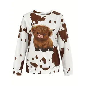 Vintage Style Highland Cow Print Sweatshirt for Women - Polyester Knit Fabric, Casual Round Neck Hoodie with Animal Pattern, Fall/Winter Collection