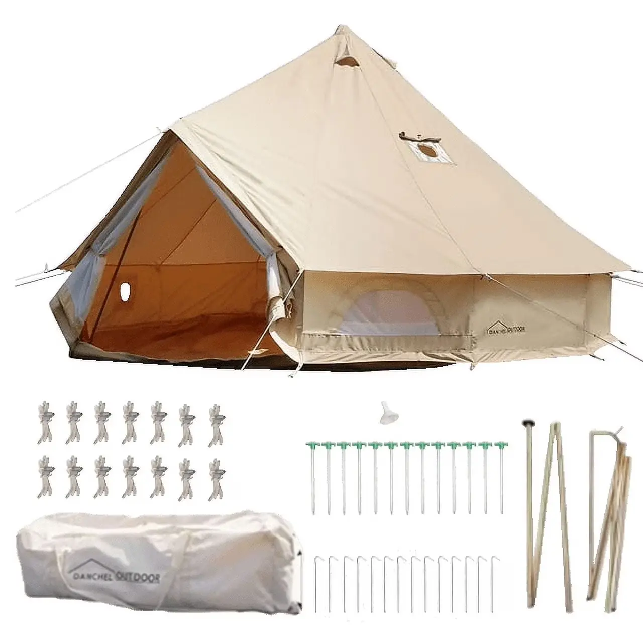 DANCHEL OUTDOOR 13ft=4M Cotton Canvas Waterproof Bell Tent with 2 Stove Jacks for Family Camping（4 Person）