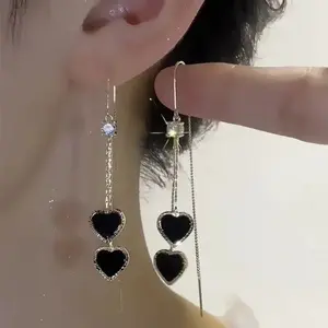 Flash & Finesse Flash & Finesse Sexy Black Heart Long Tassel Earrings for Women New Trendy Light Luxury Super Fairy Ear Threads Popular Ear Accessories  Festival gifts Festival Gift