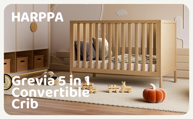 HARPPA 5-in-1 Wooden Convertible Crib, Converts to Toddler Bed, Daybed, Sofa & Full-Size Bed, 3 Adjustable Heights, Non-Toxic Finish Sustainable Nature Pinewood